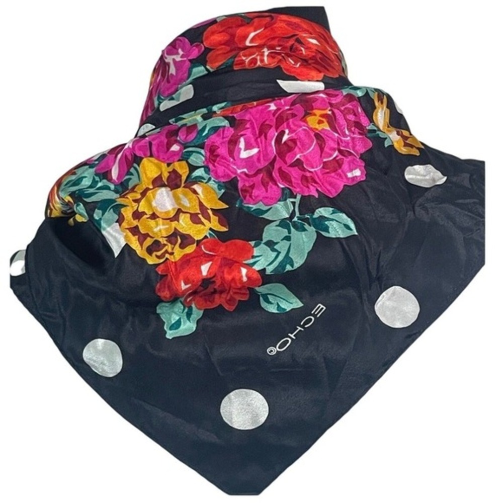 Echo Square Scarf Black Floral Polka‎ Dot Print vintage retro 80's 90's elegant